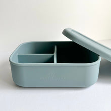 Load image into Gallery viewer, baby blue silicone bento lunchbox with the lid off showing the dividers inside