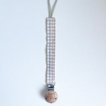 Load image into Gallery viewer, cotton dummy clip in gingham colour with a elephant logo on the wooden clip