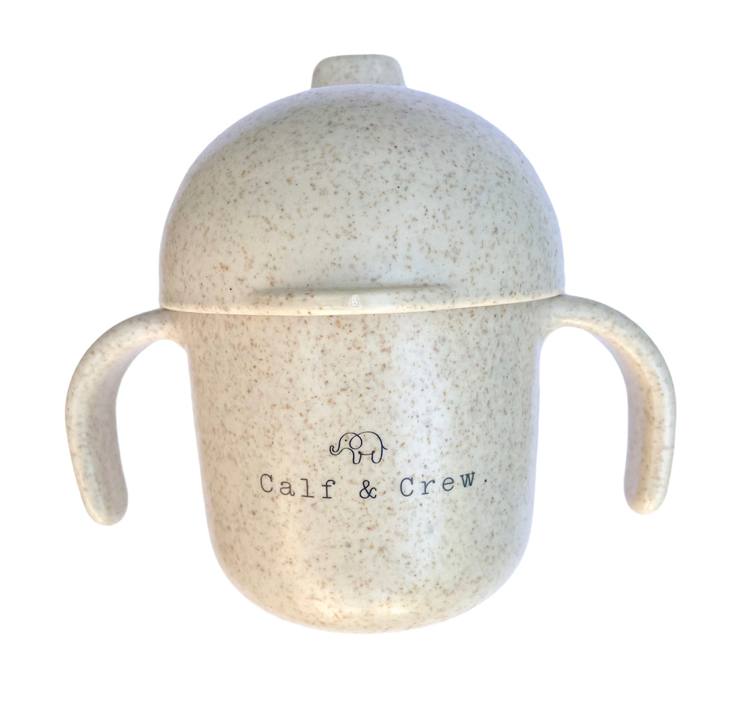 the wheat sippy cup with the calf & crew logo in chai colour 