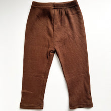 Load image into Gallery viewer, the ribbed straight fit leggings laying flat in chocolate colour