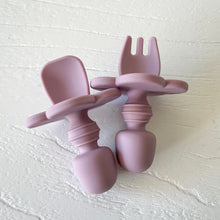 Load image into Gallery viewer, small round easy grip spoon and fork in rose colour