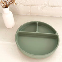 Load image into Gallery viewer, a sage coloured suction plate divided into 3 sections