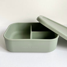 Load image into Gallery viewer, sage silicone bento lunchbox with the lid off showing the dividers inside