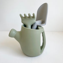 Load image into Gallery viewer, Thyme silicone garden set with a green rake and grey spade inside a green watering can