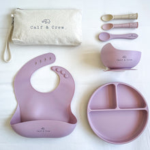 Load image into Gallery viewer, Beige pouch with Calf & Crew logo, 3 spoons, a wooden plaque engraved with "my first solids", a suction bowl, a silicone bib, and a divided plate in Rose colour