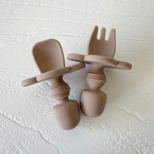 Load image into Gallery viewer, small round easy grip spoon and fork in latte colour
