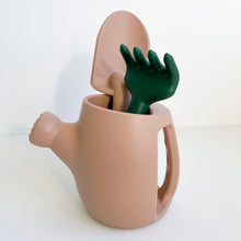 Load image into Gallery viewer, Peony silicone garden set showing a peach spade and green rake inside a peach watering can