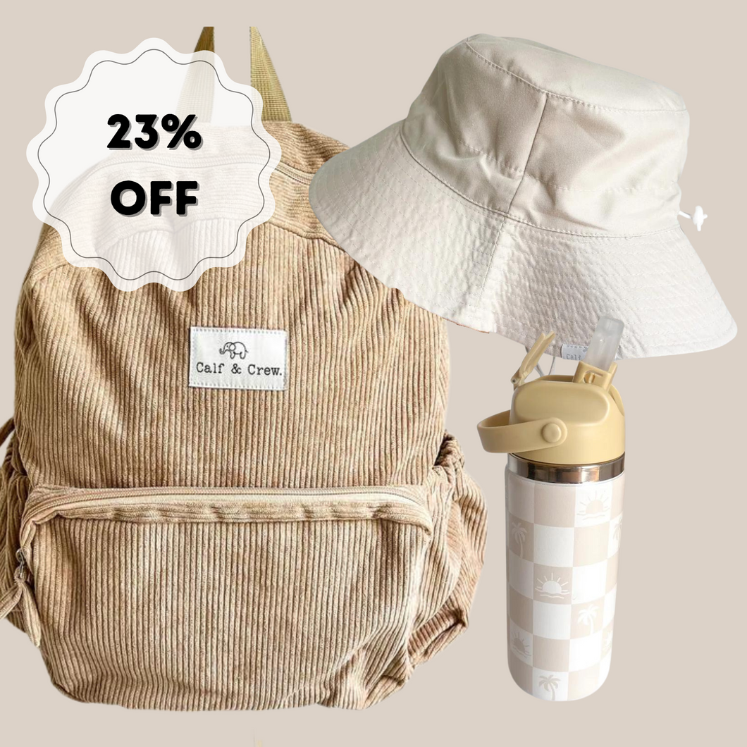 Back to school bundle | Corduroy Backpack + Insulated Water Bottle + Sun hat | Sand
