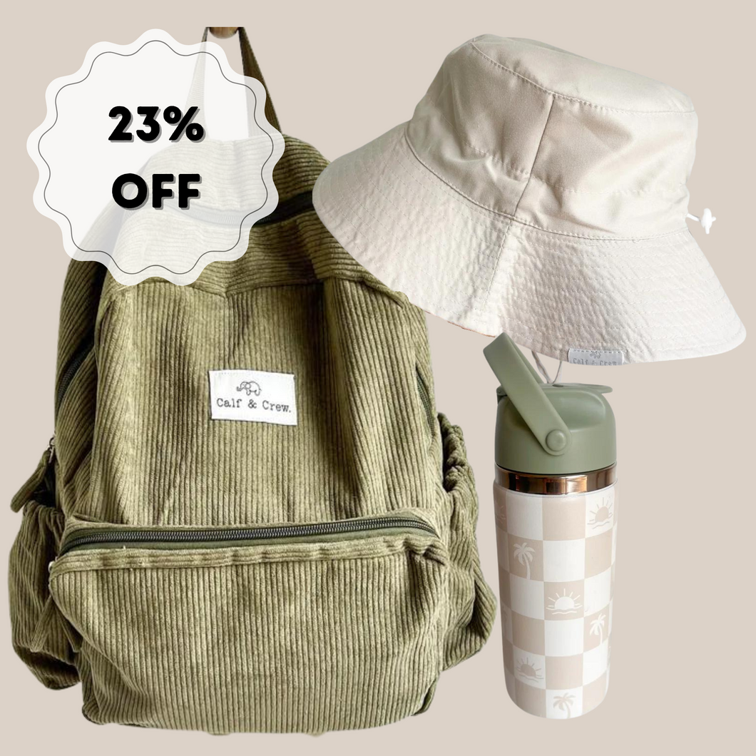 Back to school bundle | Corduroy Backpack + Insulated Water Bottle + Sun hat | Khaki
