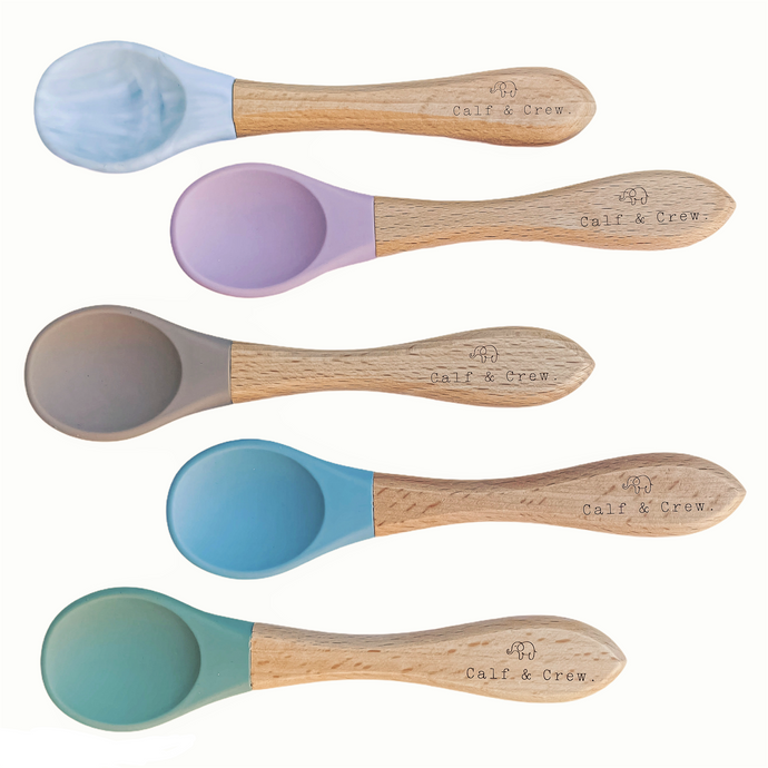 5 beechwood spoons with silicone coloured tips in marble, rose, latte, baby blue and sage