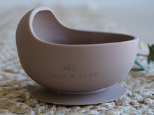 Load image into Gallery viewer, the silicone suction bowl in latte colour showing the calf &amp; crew logo on the side
