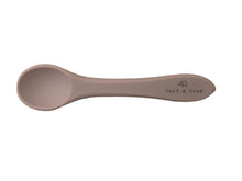 Load image into Gallery viewer, the silicone spoon in latte colour showing the Calf &amp; Crew logo on the handle
