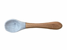 Load image into Gallery viewer, beechwood spoon with marble coloured silicone tip and engraved Calf &amp; Crew logo
