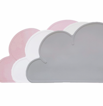 Load image into Gallery viewer, the three colours of the silicone cloud placemat on top of eachother in blush pink, white and calf grey
