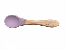 Load image into Gallery viewer, beechwood spoon with rose coloured silicone tip and engraved Calf &amp; Crew logo
