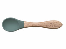 Load image into Gallery viewer, beechwood spoon with sage coloured silicone tip and engraved Calf &amp; Crew logo
