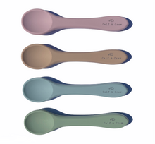 Load image into Gallery viewer, four silicone spoons in rose, latte, baby blue and sage
