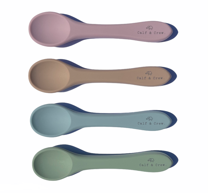 four silicone spoons in rose, latte, baby blue and sage