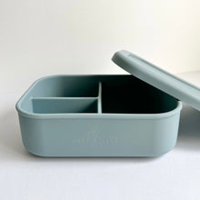 Load image into Gallery viewer, baby blue silicone bento lunchbox with the lid off showing the dividers inside

