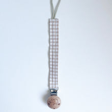 Load image into Gallery viewer, cotton dummy clip in gingham colour with a elephant logo on the wooden clip
