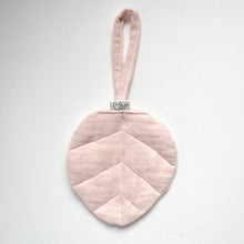 Load image into Gallery viewer, inen leaf dummy holder in baby pink colour showing elephant logo tag
