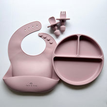 Load image into Gallery viewer, a silicone bib, suction divider plate and a easy grip spoon and fork in rose colour
