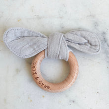 Load image into Gallery viewer, Cloudy muslin bunny ear teether ring engraved with Calf &amp; Crew logo
