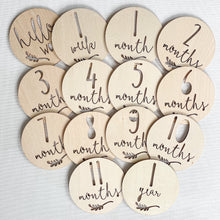 Load image into Gallery viewer, 14 wooden discs with different milestones cut out
