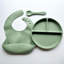 Load image into Gallery viewer, a silicone bib, suction divider plate and a silicone spoon in sage colour
