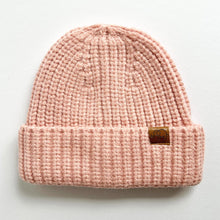Load image into Gallery viewer, chunky knitted beanie in blush with a small elephant logo

