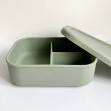 Load image into Gallery viewer, sage silicone bento lunchbox with the lid off showing the dividers inside
