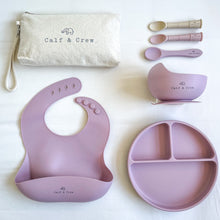 Load image into Gallery viewer, Beige pouch with Calf &amp; Crew logo, 3 spoons, a wooden plaque engraved with &quot;my first solids&quot;, a suction bowl, a silicone bib, and a divided plate in Rose colour
