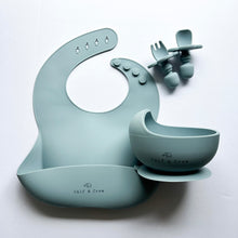 Load image into Gallery viewer, Silicone bib, silicone suction bowl, and easy grip spoon and fork in baby blue colour
