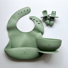 Load image into Gallery viewer, Silicone bib, silicone suction bowl, and silicone easy grip spoon and fork in sage colour 
