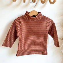 Load image into Gallery viewer, a maroon stripe thick long sleeve skivvy top hanging on a wood hanger

