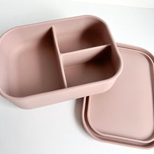 Load image into Gallery viewer, top view of the rose silicone bento lunchbox showing three part dividers on top of the matching lid
