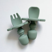 Load image into Gallery viewer, small round easy grip spoon and fork in sage colour
