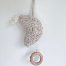 Load image into Gallery viewer, dusk crochet moon with a crochet star and a hanging wooden ring
