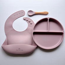 Load image into Gallery viewer, a silicone bib, suction divider plate and a beechwood spoon in rose colour
