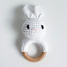 Load image into Gallery viewer, white crochet bunny rattle on a wooden ring
