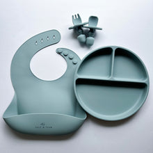 Load image into Gallery viewer, a silicone bib, suction divider plate and a easy grip spoon and fork in baby blue colour
